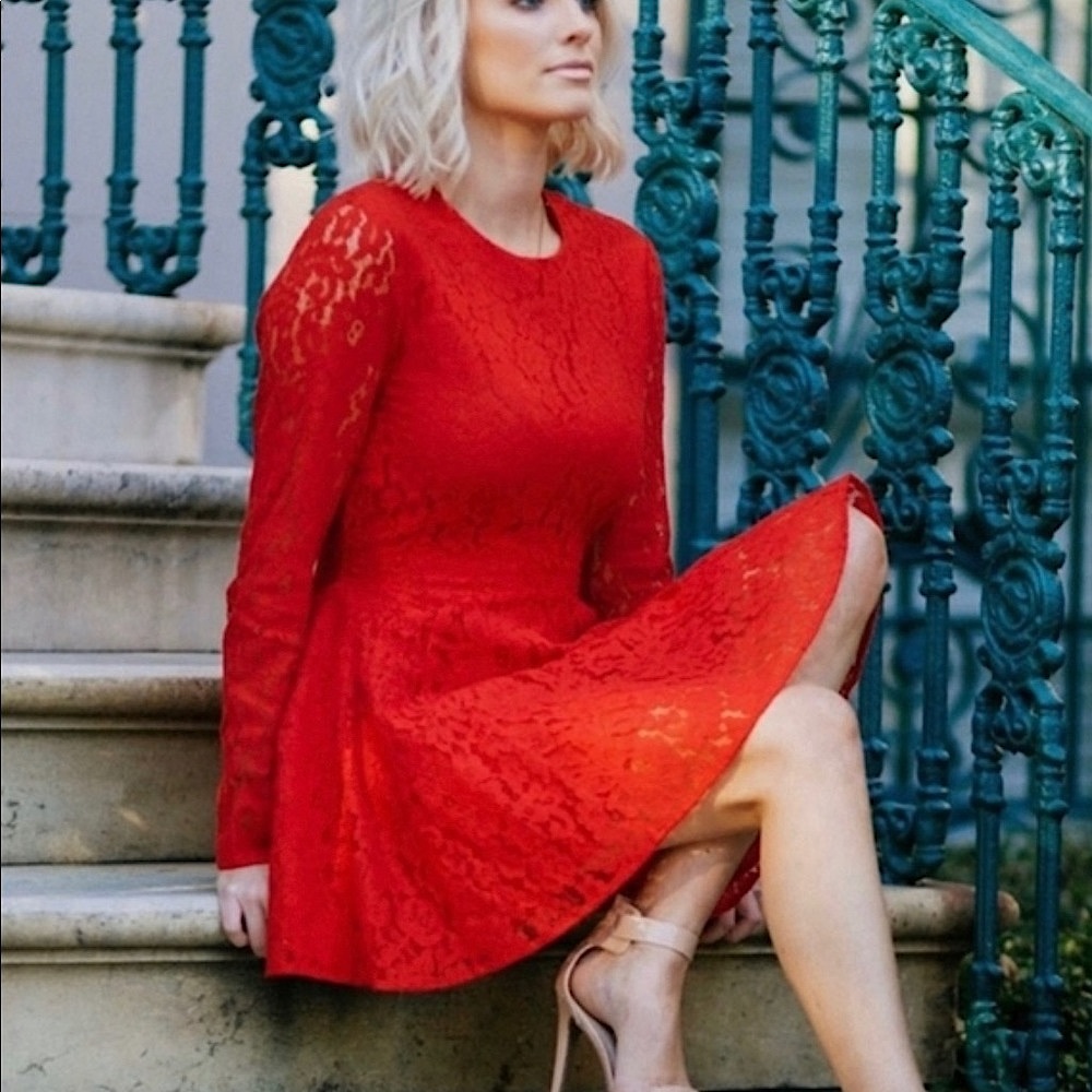 H&M Long Sleeve Red Lace Skater Dress